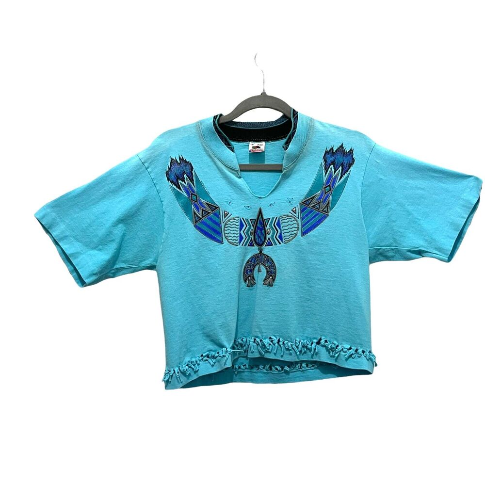Squash Blossom Painted Cropped T Shirt Women Blue Buffalo 1990 Single Stitched M